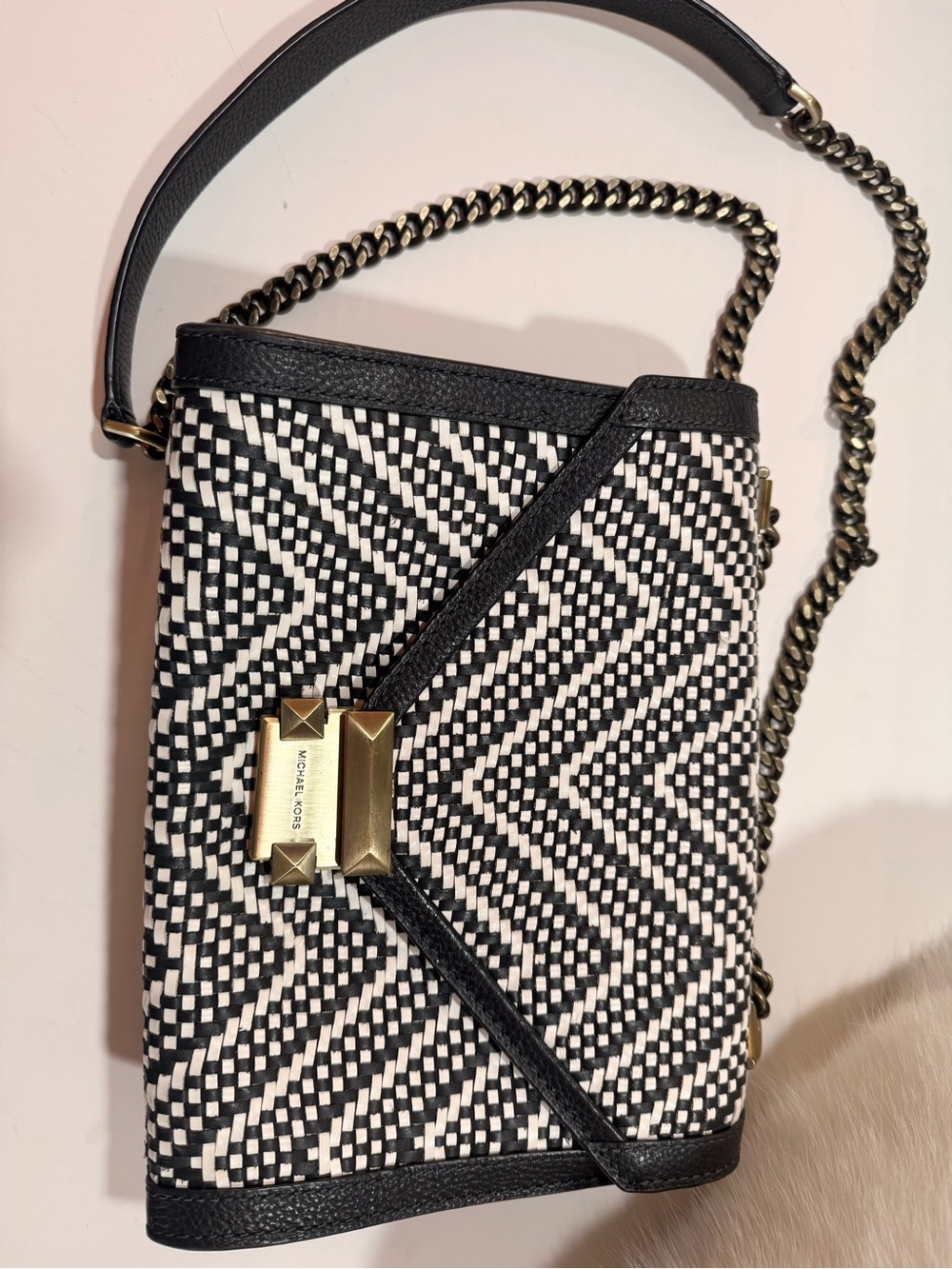 Michael Kors Black & White Geometric Woven Crossbody with Gold Hardware